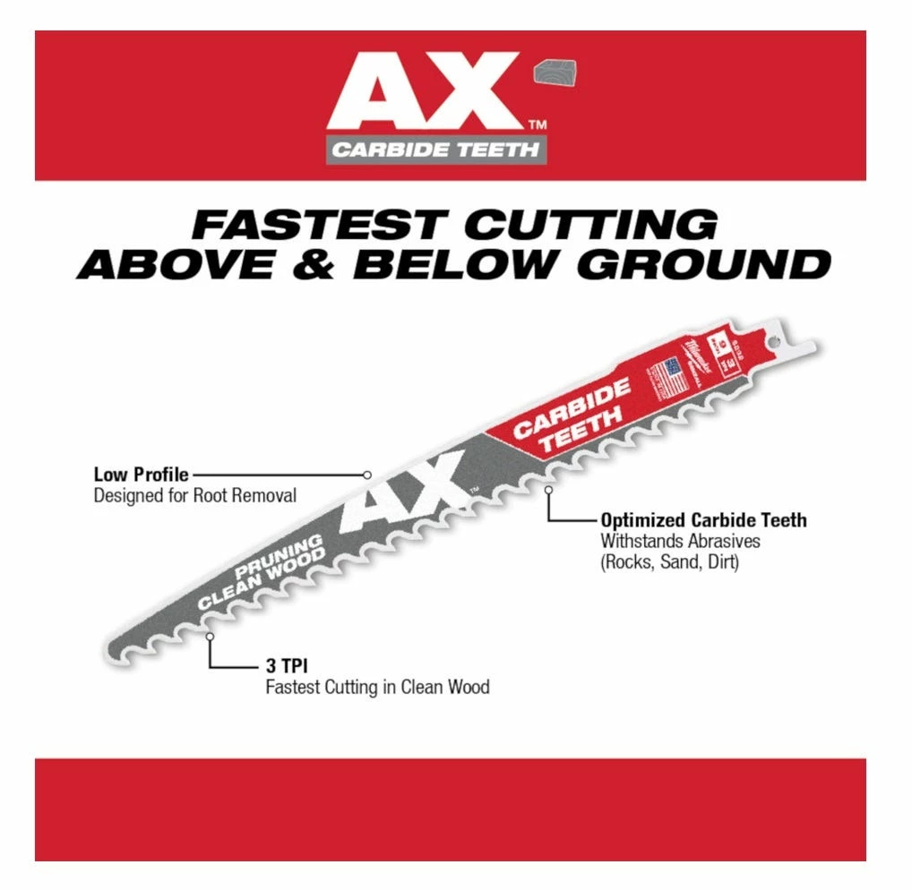 Milwaukee The AX™ 9" Pruning & Clean Wood 3 TPI SAWZALL® Blade with Carbide Teeth, 1 Pack - 48-00-5232 - Blades & Knives - Image 4
