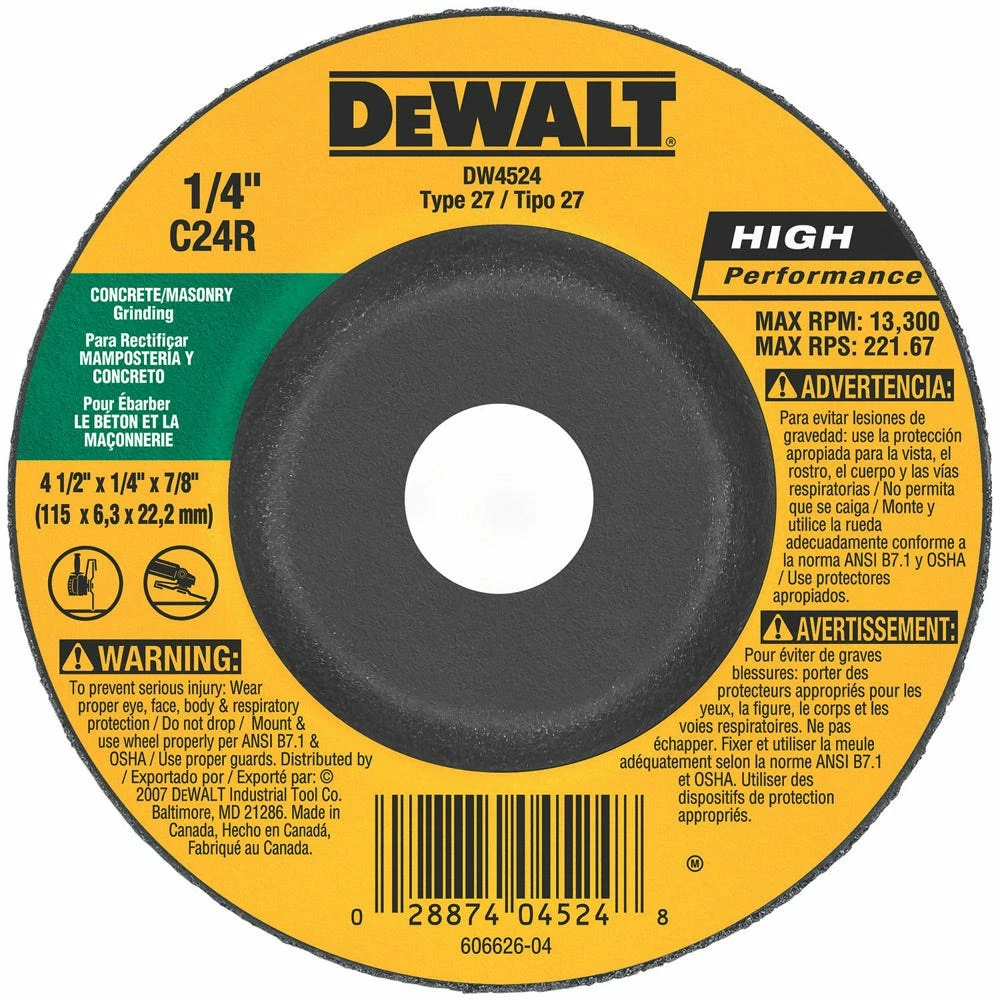 DeWalt 4 1/2" x 1/4" Masonry Cutting and Grinding Wheel DW4524 - Replacement Parts & Accessories