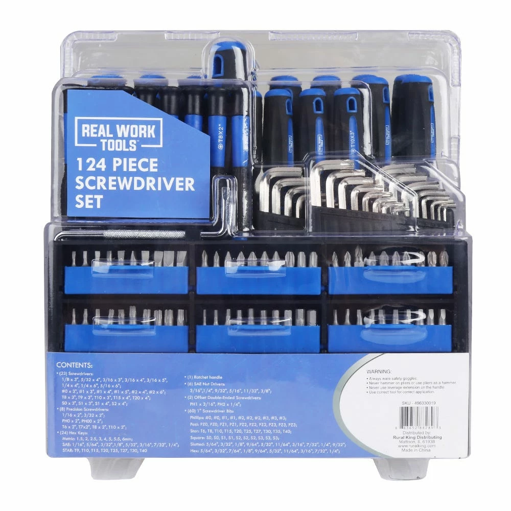 Real Work Tools™ Screwdriver Set with Stand, 124-Piece - 88-289-0204 - Screw Drivers