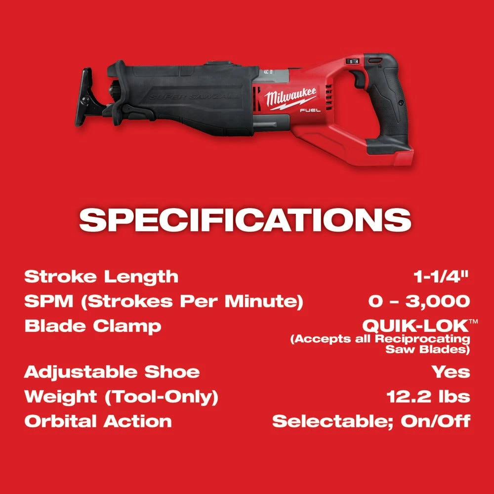 Milwaukee M18 18-Volt Lithium-Ion Brushless Cordless Super Sawzall Orbital Reciprocating Saw, Tool Only - 2722-20 - Recipricol Saws - Image 6