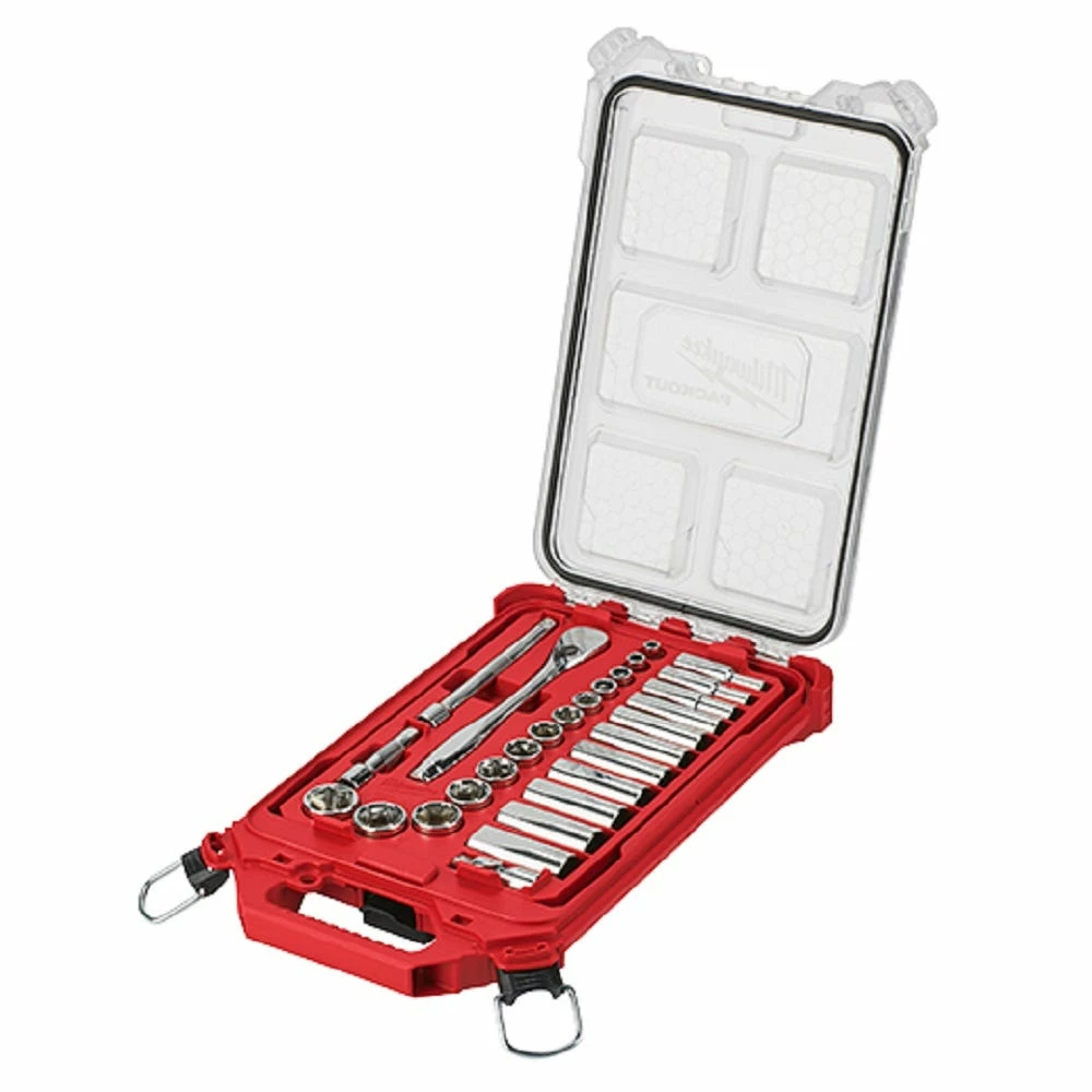 Milwaukee 3/8” Drive 28pc Ratchet and Socket Set with PACKOUT Low Profile Compact Organizer SAE 48-22-9481 - Socket Sets