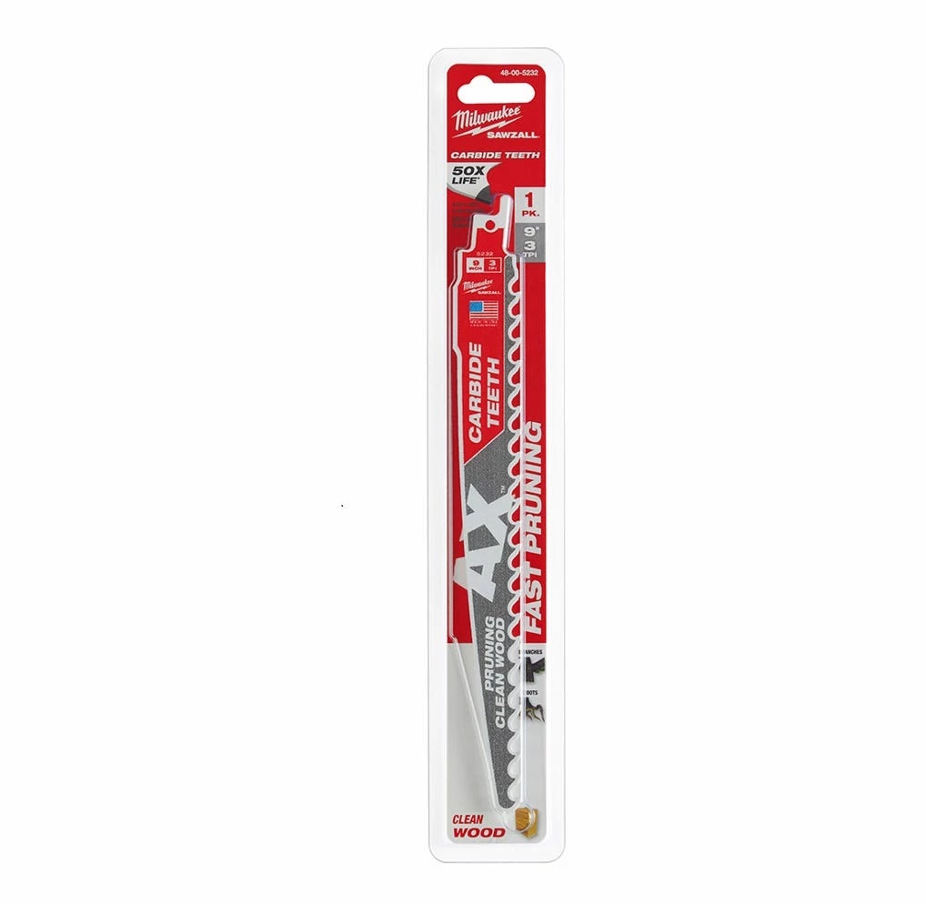 Milwaukee The AX™ 9" Pruning & Clean Wood 3 TPI SAWZALL® Blade with Carbide Teeth, 1 Pack - 48-00-5232 - Blades & Knives - Image 2