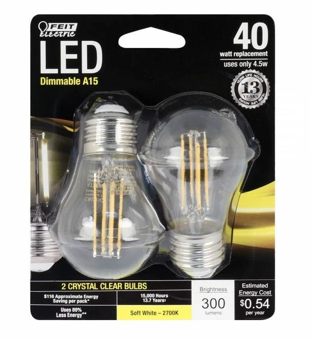 FEIT ELECTRIC 40 Watt Equivalent Soft White Clear A15 Dimmable Led Traditional Glass Filament Light Bulb 2 Pack - BPA1540/827/LED/2 - Bulbs - Image 3
