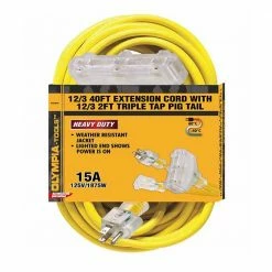 Olympia 12/3 40 Extention Cord with 2 Feet Triple Tap - Yellow ECTTSB - Extension Cords & Power Strips