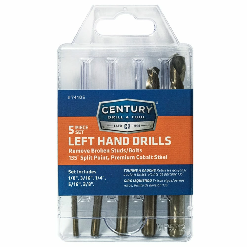Century Drill & Tool 5 Piece Cobalt Left Hand Stub Drill Bit Set - 74105 - Power Tool Accessories