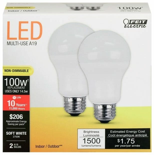 FEIT ELECTRIC 100 Watt Equivalent Soft White A19 Non-Dimmable Light Bulb 2 Pack - A1600/827/10KLED/2 - Bulbs - Image 2