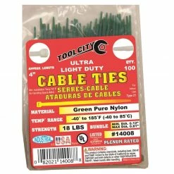 Tool City Green 4" 18 lb. Tensile Ultra Light Duty Cable Ties, 100 Piece- 14008 - Fasteners, Clamps & Vices