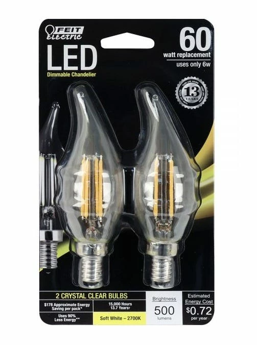 FEIT ELECTRIC 60W Equivalent Soft White Flame Tip Clear Dimmable Led Enhance Glass Filament Light Bulb 2-Pack - BPCFC60927CAFIL/2/RP - Bulbs - Image 3