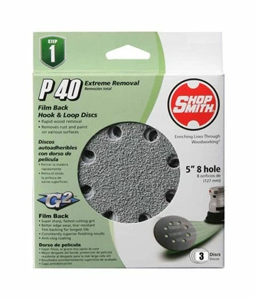 Gator Ali Industries Shopsmith 5 Inch 8 Hole 40 Grit Hook & Loop Sanding Disc 3 Pack - 12280 - Sandpaper