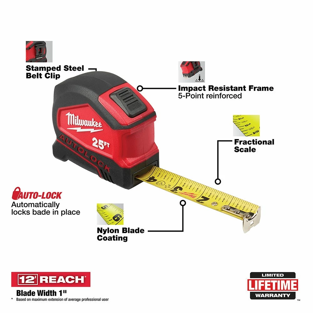 Milwaukee 25' Compact Auto Lock Tape Measure - 48-22-6825 - Leveling & Squares - Image 9