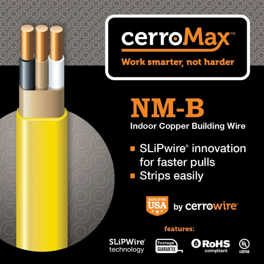 Cerrowire 12/2 Yellow, Solid CerroMax™ SLiPWire™ CU NM-B WIre with Ground, 50 ft. - 147-1602BR - Image 5