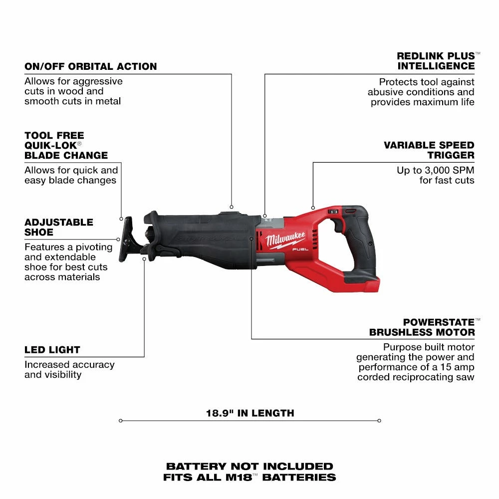 Milwaukee M18 18-Volt Lithium-Ion Brushless Cordless Super Sawzall Orbital Reciprocating Saw, Tool Only - 2722-20 - Recipricol Saws - Image 5