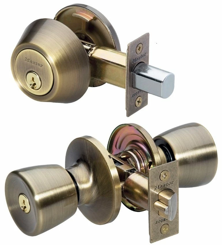 Master Lock Tulip Style Knob Entry Door Lock with Single Cylinder Deadbolt Combo Pack Antique Brass - TUCO0605 - Door Hardware